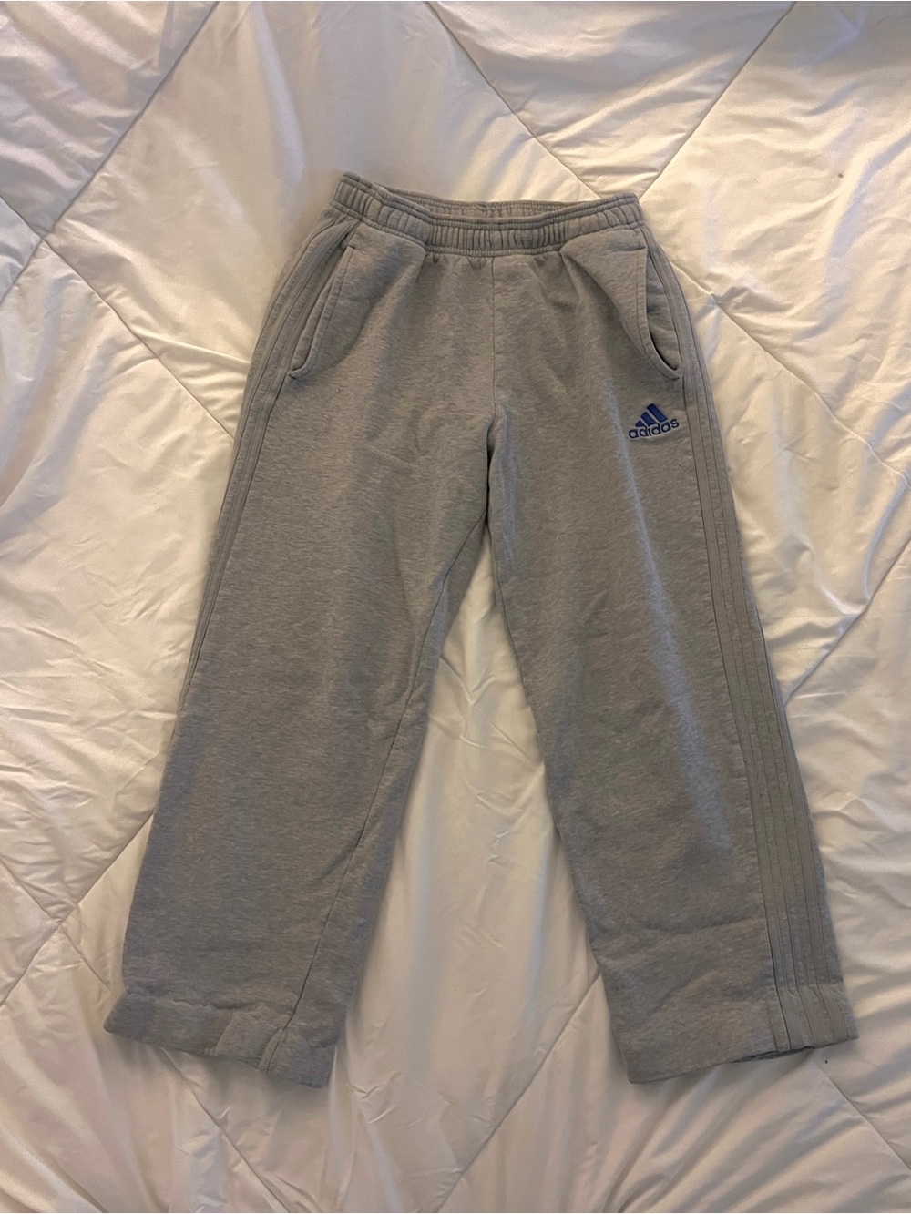 Adidas Light Gray Sweatpants with Embroidered Blue Logo